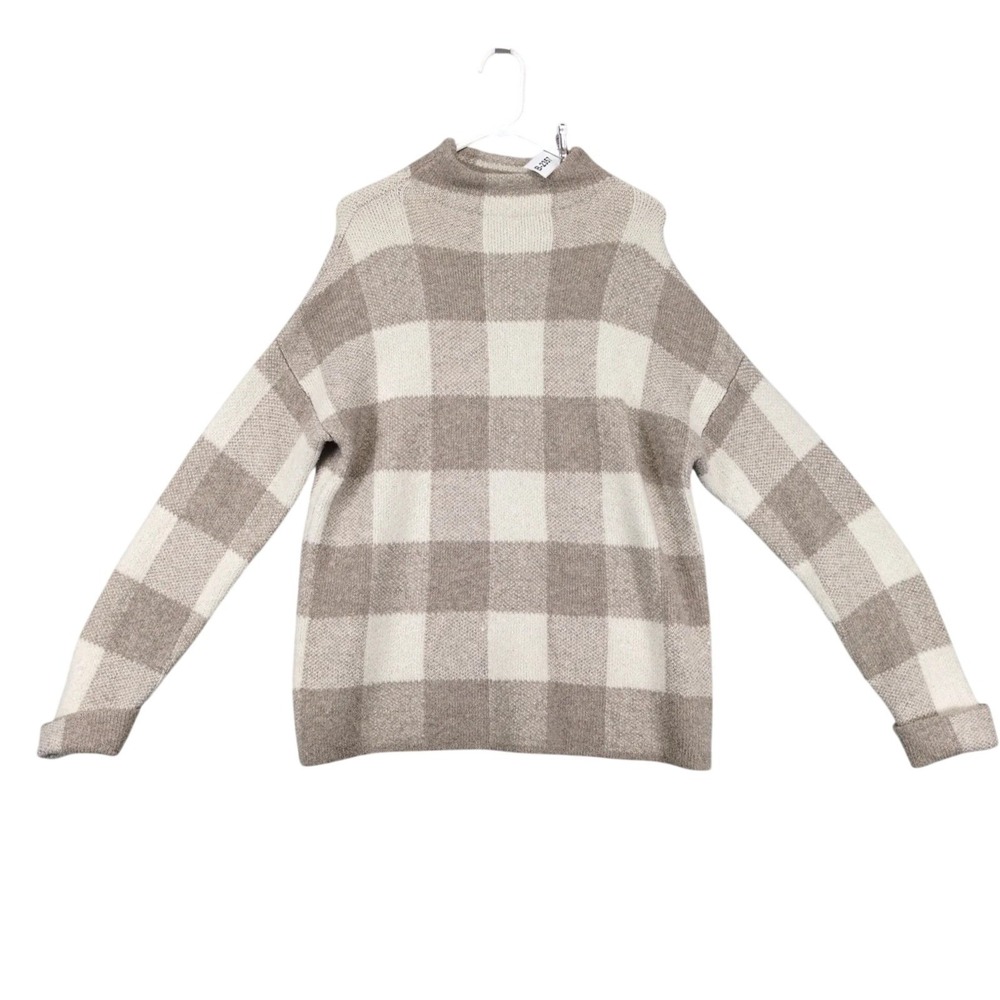 Tahari Beige Brown Check Pullover Sweater Womens L Wool Blend Soft Stretch Cozy